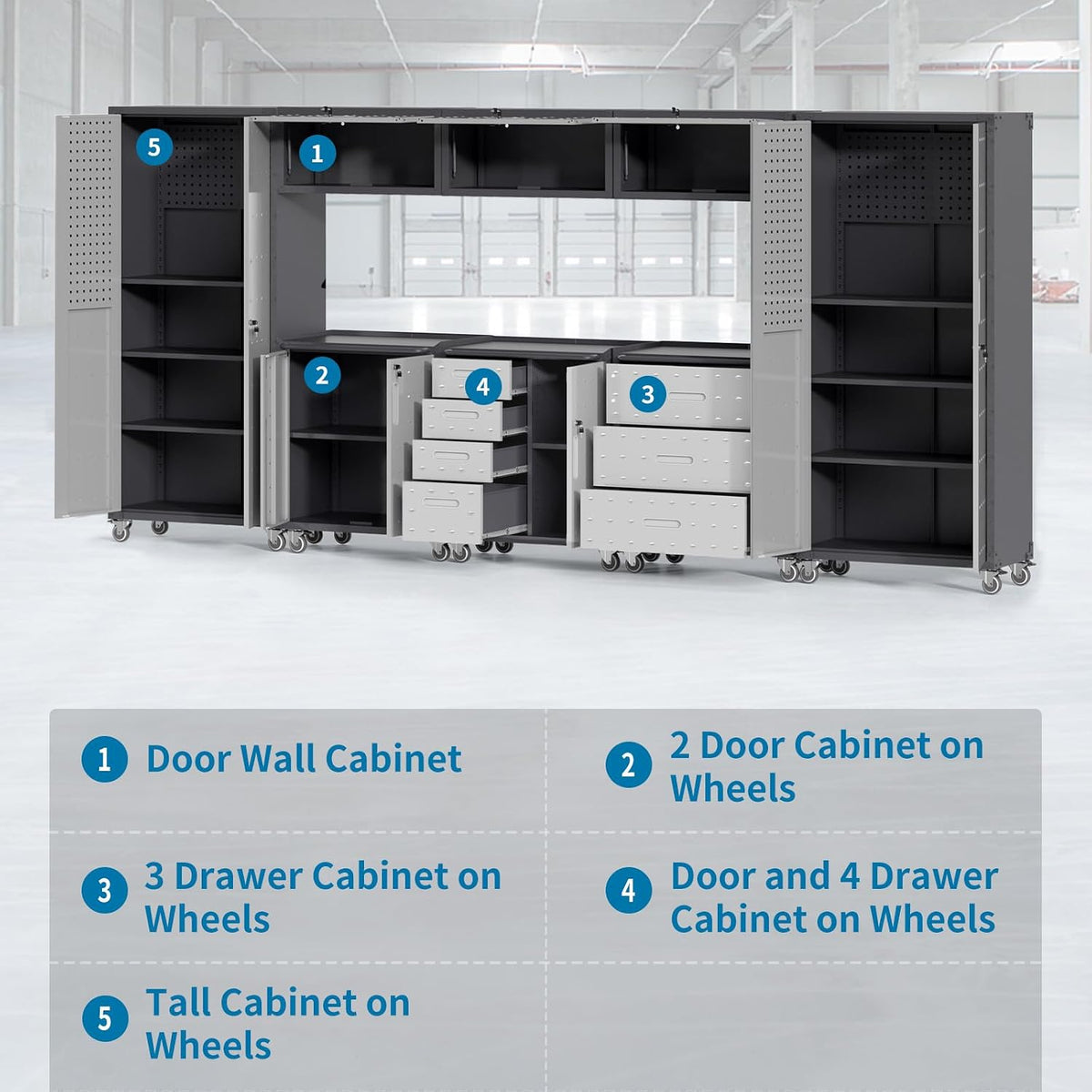 Garage Storage Cabinets System 8 PCS Workshop Set with Drawers Locking Heavy Duty Rolling Cart with Adjustable Shelves Garage Tool Workbench Cabinets (8 PCS)