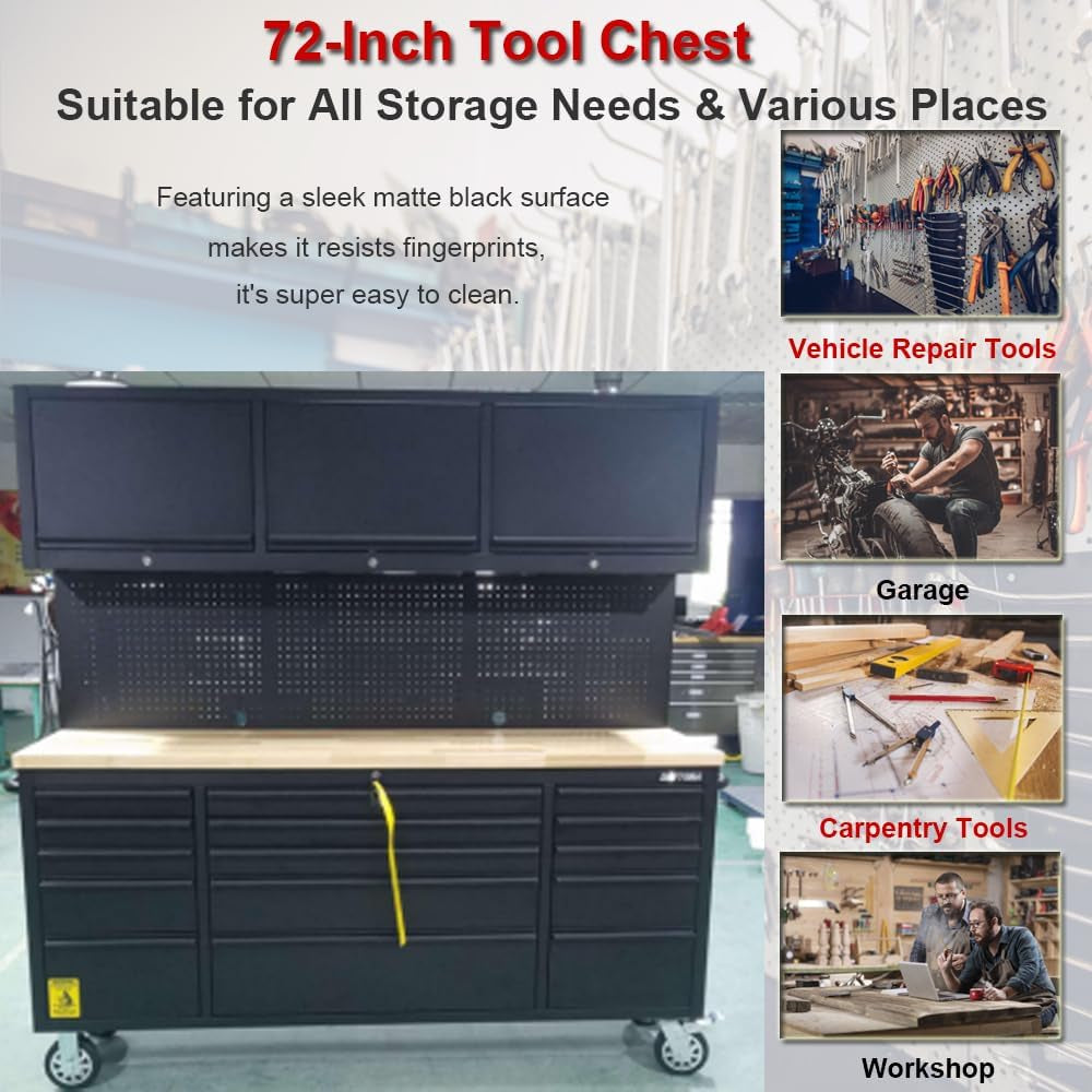 72'' Rolling Tool Chest with 15 Drawers + 3 Upper Cabinets, Black Tool Box