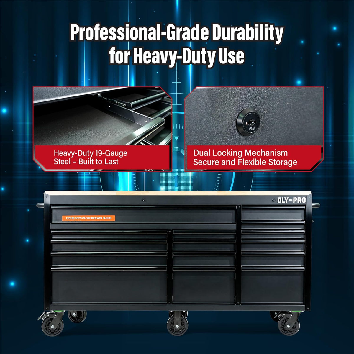 72 Inch Heavy Duty Mobile Tool Chest Tool Box, with Solid Wood Top Workbench, 15-Drawer Rolling Tool Chest, Tool Storage Organizer for Garage, Workshop, and Home, Black