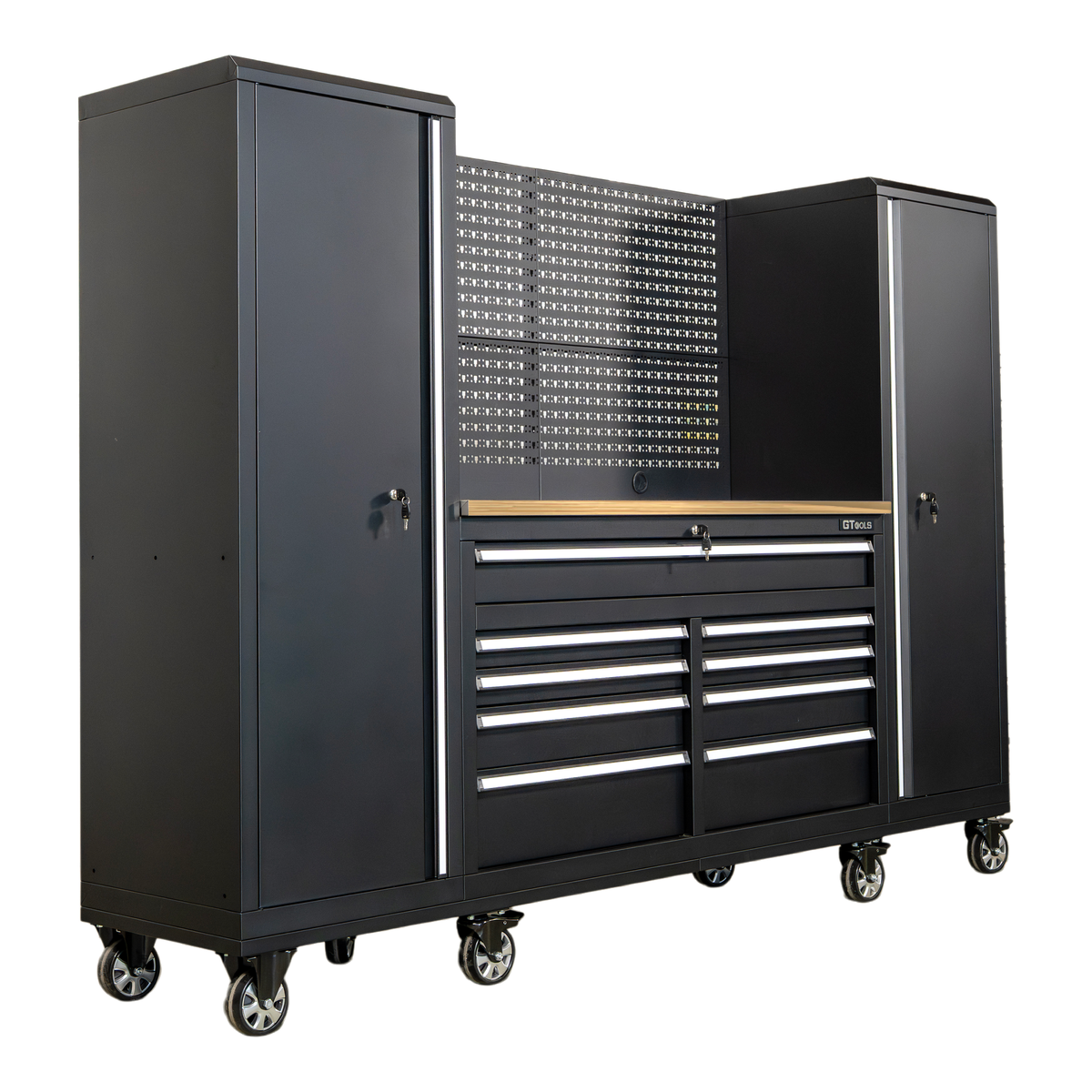 100" Rolling Tool Chest Workstation with Wood Top & Side Cabinets