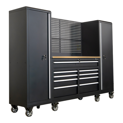 100" Rolling Tool Chest Workstation with Wood Top & Side Cabinets