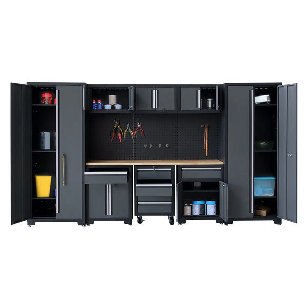 HPDAVV Steel Garage Cabinet System with Wood Worktop and Pegboard, Black/Gray
