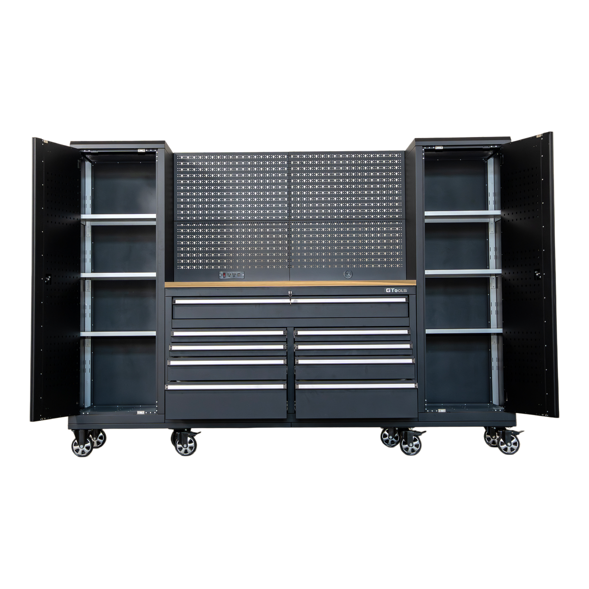 100" Rolling Tool Chest Workstation with Wood Top & Side Cabinets