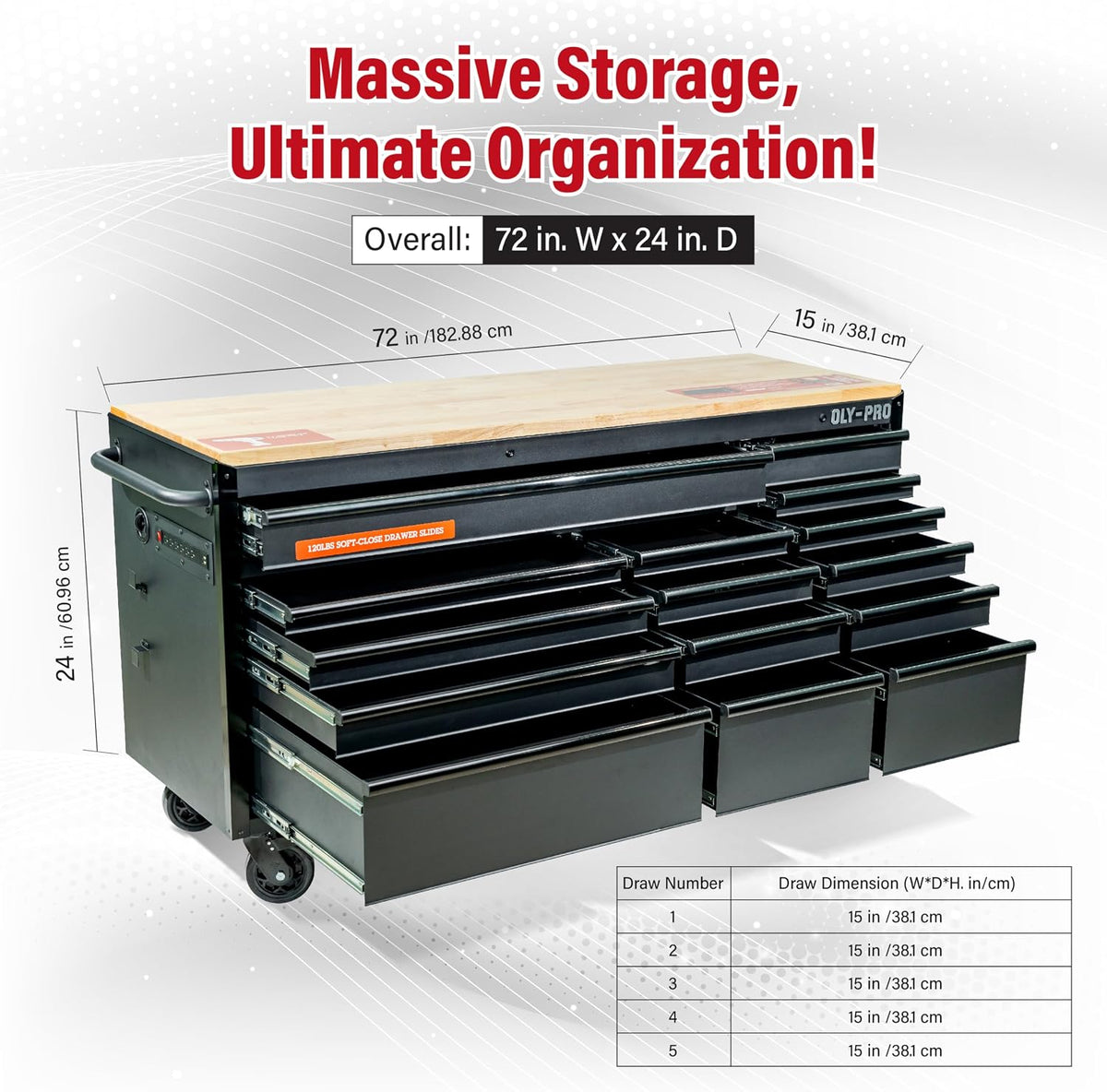 72 Inch Heavy Duty Mobile Tool Chest Tool Box, with Solid Wood Top Workbench, 15-Drawer Rolling Tool Chest, Tool Storage Organizer for Garage, Workshop, and Home, Black