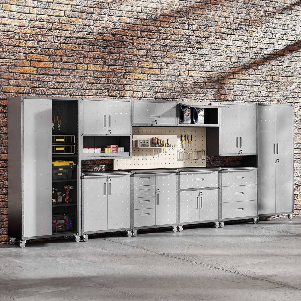 Garage Storage Cabinets System 8 PCS Workshop Set with Drawers Locking Heavy Duty Rolling Cart with Adjustable Shelves Garage Tool Workbench Cabinets (8 PCS)