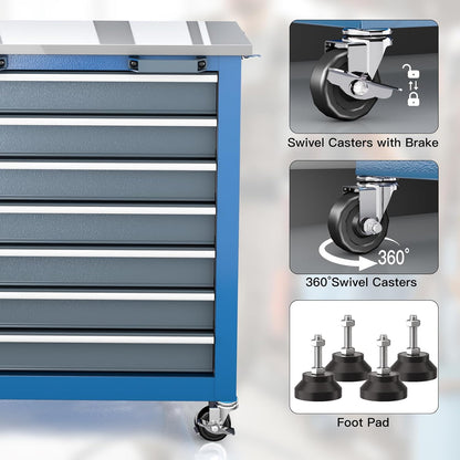 7-Drawer Rolling Tool Chest with Wheels&Foot Pads,Bluetool Cabinet