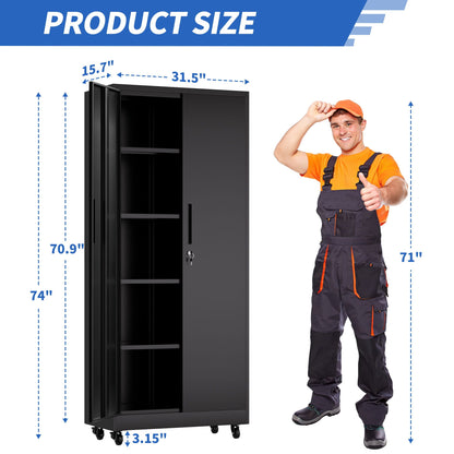Rolling Garage Storage Cabinet with Lock — 70" H, 4 Adjustable Shelves, Black