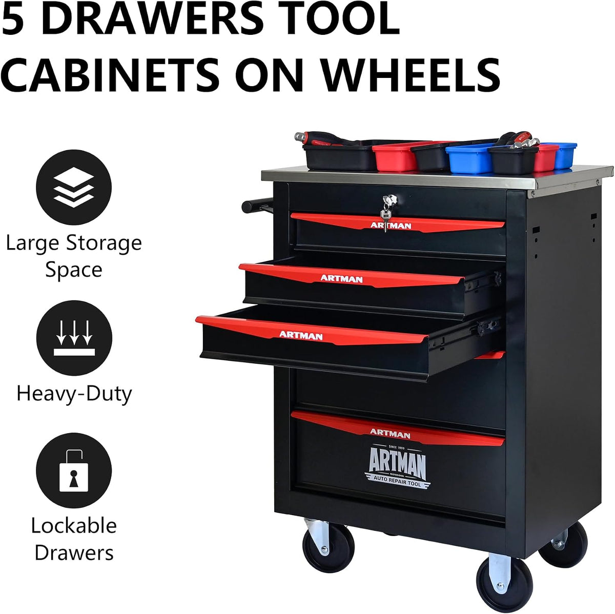 5 Drawers Tool Cart on Wheels,Multifunctional Rolling Tool Chest Tool Storage,Drawers Rolling Tool Trolley Organizer Tool Case for Garage, Warehouse, Workshop, Repair Shop (Black)