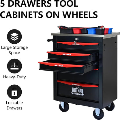 5 Drawers Tool Cart on Wheels,Multifunctional Rolling Tool Chest Tool Storage,Drawers Rolling Tool Trolley Organizer Tool Case for Garage, Warehouse, Workshop, Repair Shop (Black)