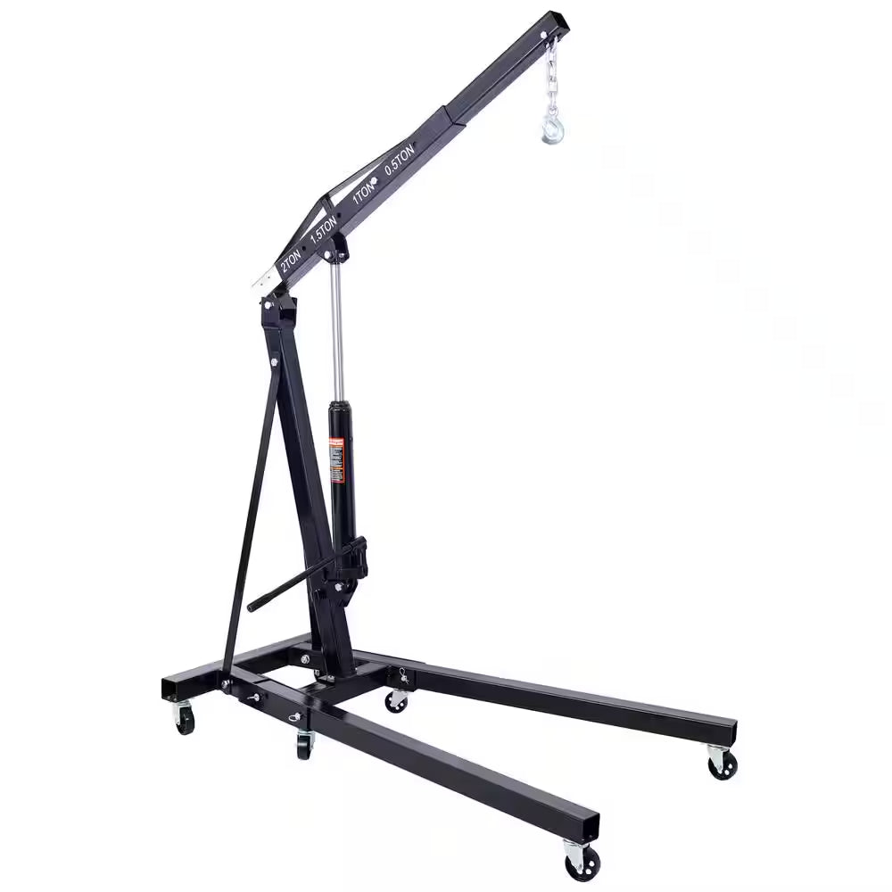 2 Ton Folding Engine Hoist Cherry Picker Shop Crane Hoist Lift, Heavy-Duty Steel with 6 Iron Caster Wheels in Black