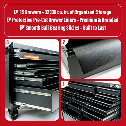 72 Inch Heavy Duty Mobile Tool Chest Tool Box, with Solid Wood Top Workbench, 15-Drawer Rolling Tool Chest, Tool Storage Organizer for Garage, Workshop, and Home, Black