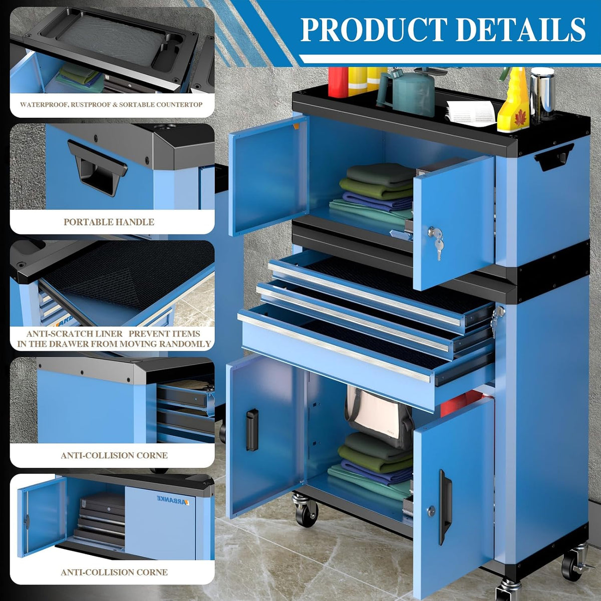 2-IN-1 Rolling Tool Chest with Locks& Multifunctional Countertop,3 Drawer Rolling Tool Box and Tool Cabinet with Wheels,Tool Chest with Connection Rods,Can Be Used Individually or in Combination