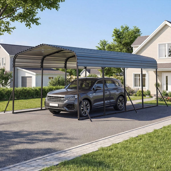 12 × 20-Foot Galvanized Steel Carport with Metal Roof, Black
