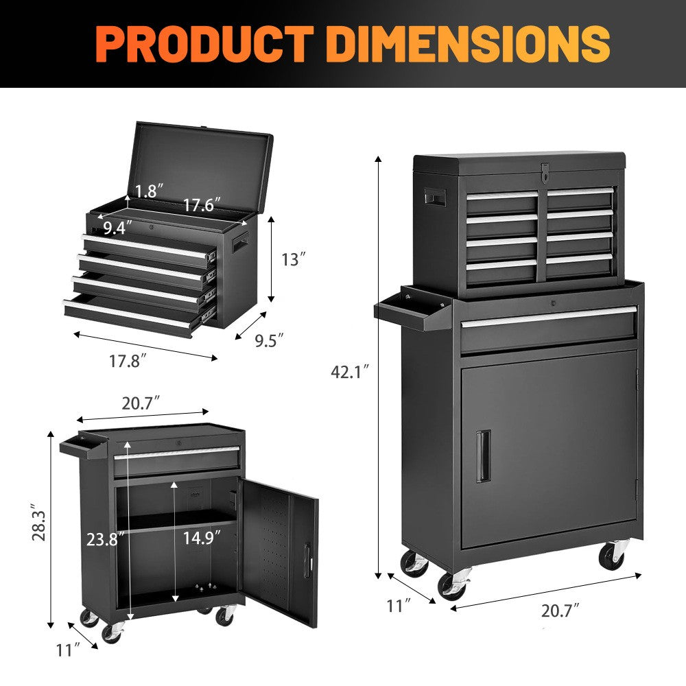 5-Drawer Rolling Tool Chest Storage Cabinet with Detachable Top Tool Box