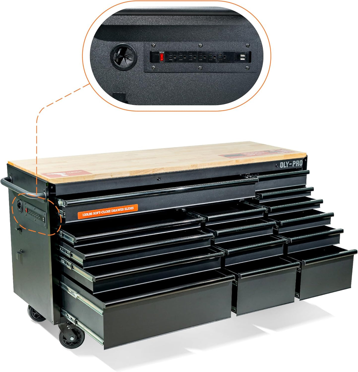 72 Inch Heavy Duty Mobile Tool Chest Tool Box, with Solid Wood Top Workbench, 15-Drawer Rolling Tool Chest, Tool Storage Organizer for Garage, Workshop, and Home, Black