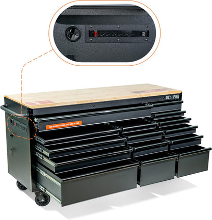 72 Inch Heavy Duty Mobile Tool Chest Tool Box, with Solid Wood Top Workbench, 15-Drawer Rolling Tool Chest, Tool Storage Organizer for Garage, Workshop, and Home, Black