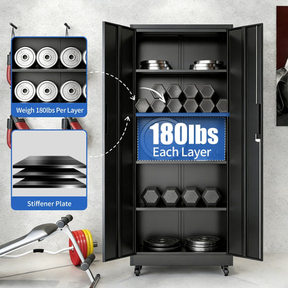 Rolling Garage Storage Cabinet with Lock — 70" H, 4 Adjustable Shelves, Black