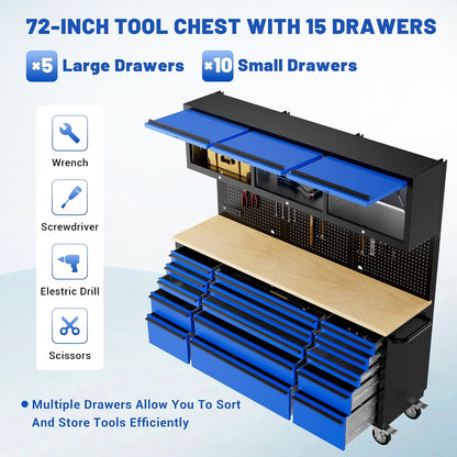 72-Inch Heavy Duty Tool Chest & Rolling Workbench with 15 Drawers,3 Upper Cabinet,Pegboard & Power Strip, for Garage, Shop, Workshop Use,Blue