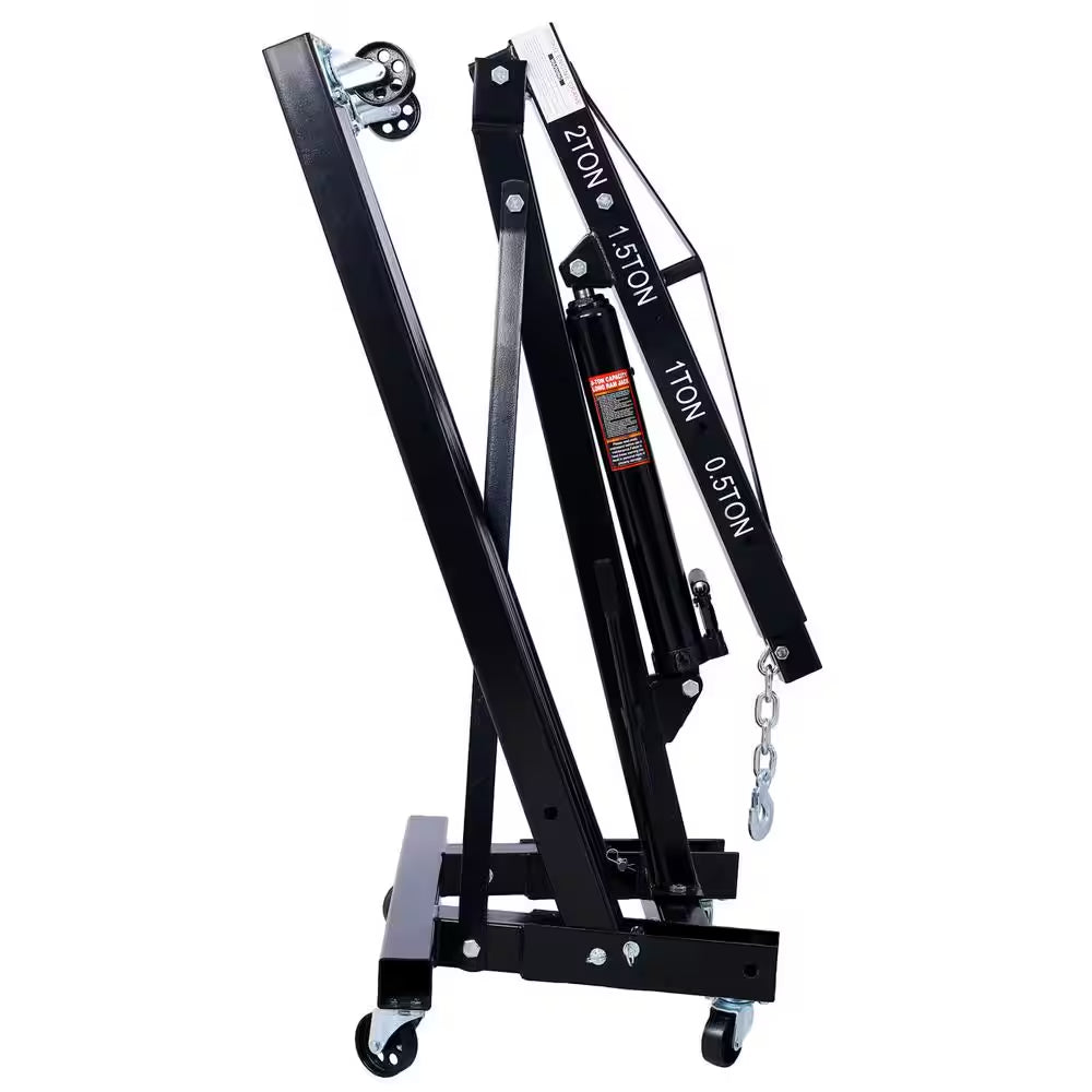 2 Ton Folding Engine Hoist Cherry Picker Shop Crane Hoist Lift, Heavy-Duty Steel with 6 Iron Caster Wheels in Black