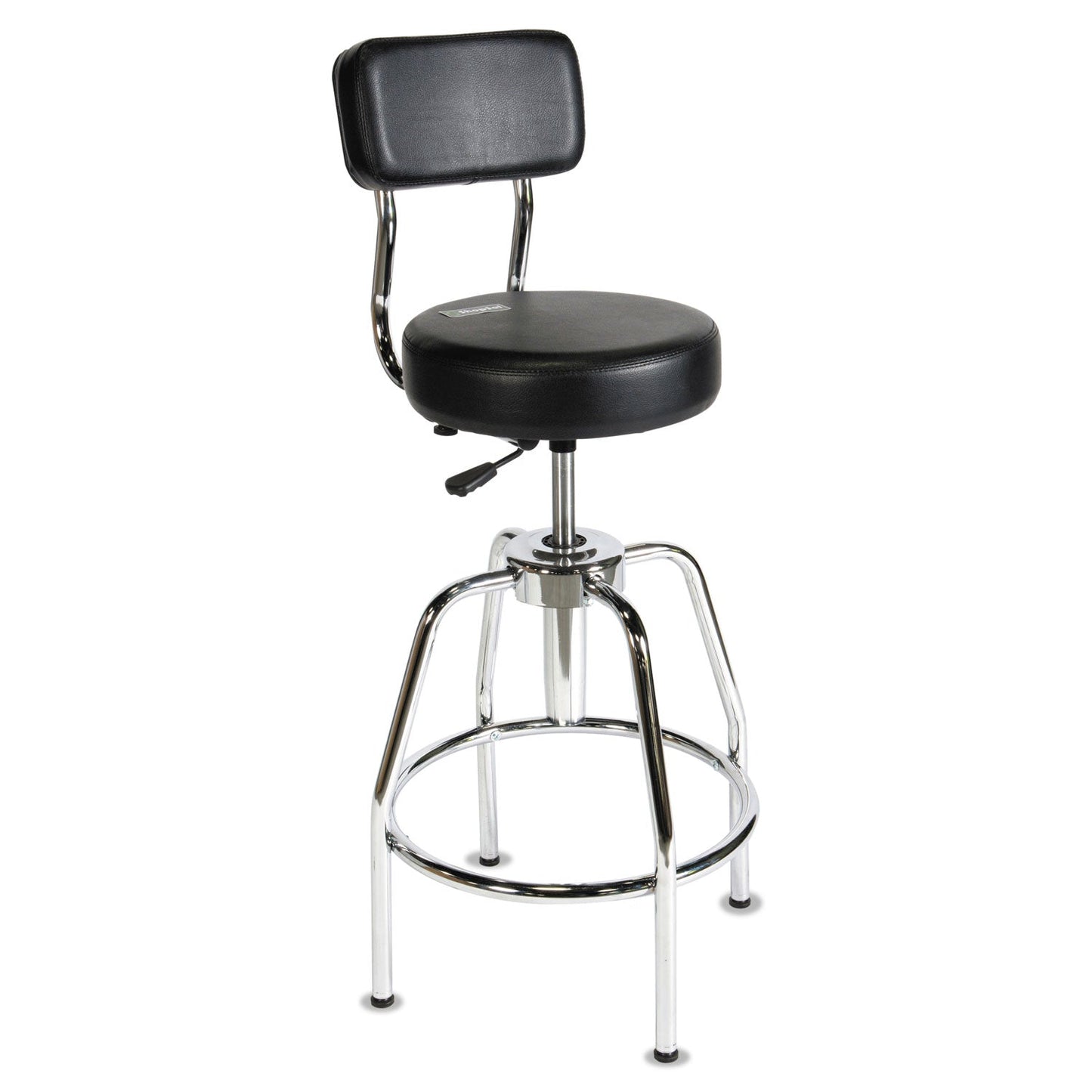 ShopSol Heavy-Duty Shop Stool, Supports Up to 300 lb, 29" to 34" Seat Height, Black Seat/Back, Chrome Base