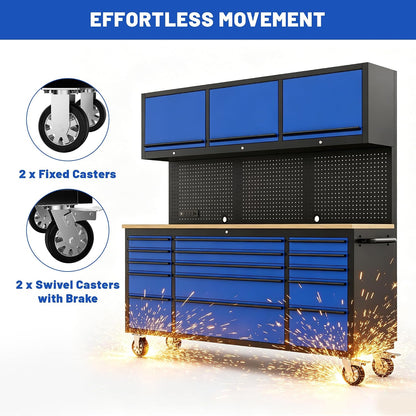 72-Inch Heavy Duty Tool Chest & Rolling Workbench with 15 Drawers,3 Upper Cabinet,Pegboard & Power Strip, for Garage, Shop, Workshop Use,Blue