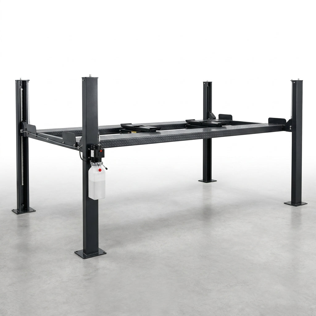 4-Post Car Lift Built for Heavy Duty Storage, 8000 lb Capacity, Extended Length, Cable-Driven System — Studio Shot