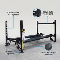 4-Post Car Lift Built for Heavy Duty Storage, 8000 lb Capacity, Extended Length, Cable-Driven System — infographic