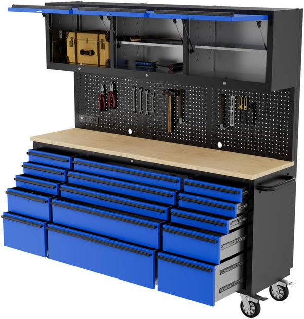 72-Inch Heavy Duty Tool Chest & Rolling Workbench with 15 Drawers,3 Upper Cabinet,Pegboard & Power Strip, for Garage, Shop, Workshop Use,Blue