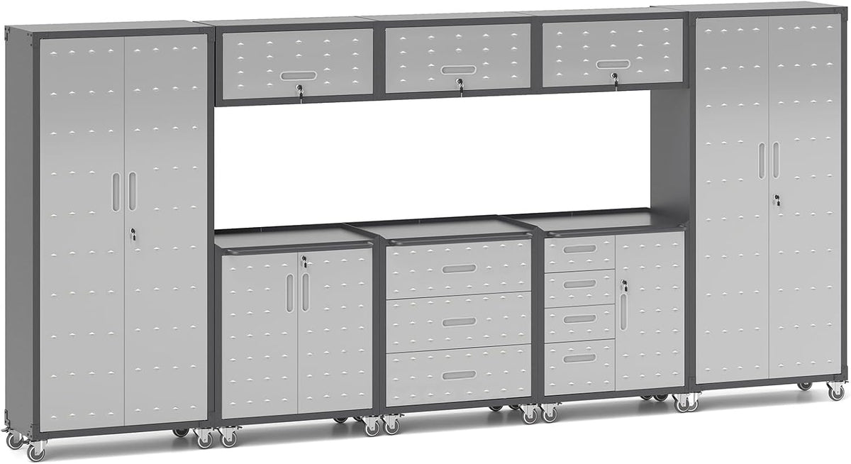 Garage Storage Cabinets System 8 PCS Workshop Set with Drawers Locking Heavy Duty Rolling Cart with Adjustable Shelves Garage Tool Workbench Cabinets (8 PCS)