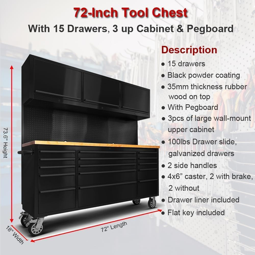 72'' Rolling Tool Chest with 15 Drawers + 3 Upper Cabinets, Black Tool Box