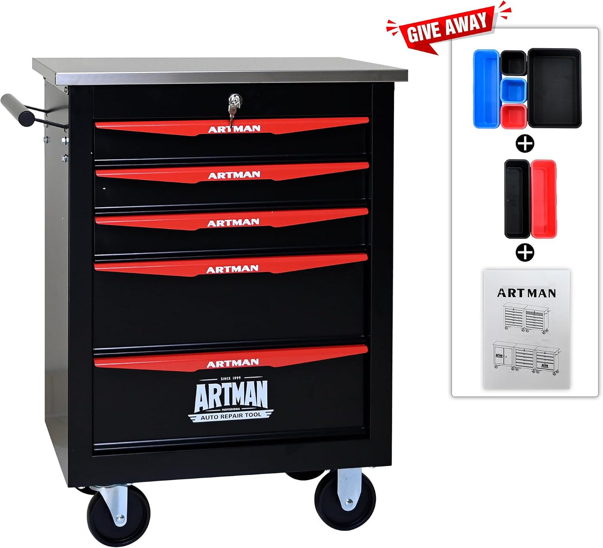 5 Drawers Tool Cart on Wheels,Multifunctional Rolling Tool Chest Tool Storage,Drawers Rolling Tool Trolley Organizer Tool Case for Garage, Warehouse, Workshop, Repair Shop (Black)