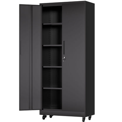 Rolling Garage Storage Cabinet with Lock — 70" H, 4 Adjustable Shelves, Black