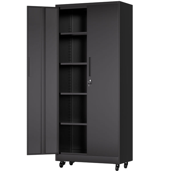 Rolling Garage Storage Cabinet with Lock and 4 Adjustable Shelves, Black