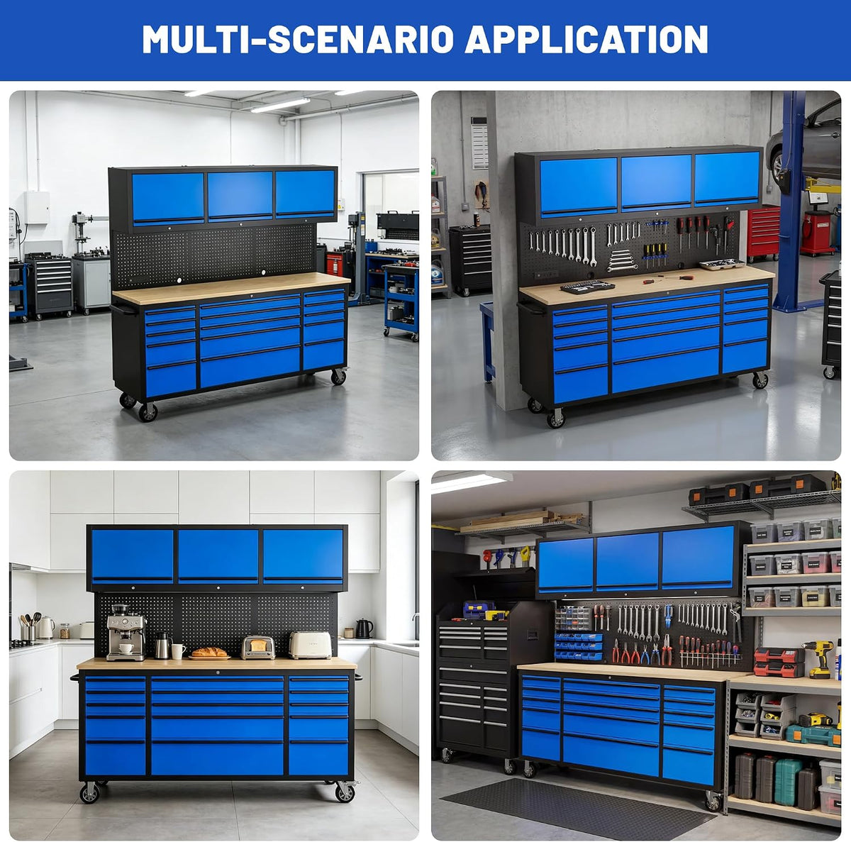 72-Inch Heavy Duty Tool Chest & Rolling Workbench with 15 Drawers,3 Upper Cabinet,Pegboard & Power Strip, for Garage, Shop, Workshop Use,Blue
