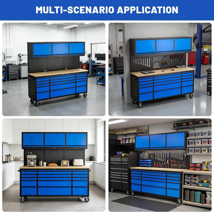 72-Inch Heavy Duty Tool Chest & Rolling Workbench with 15 Drawers,3 Upper Cabinet,Pegboard & Power Strip, for Garage, Shop, Workshop Use,Blue