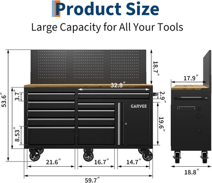 60 in Rolling Tool Chest, 10 Drawers Mobile Garage Tool Cabinet