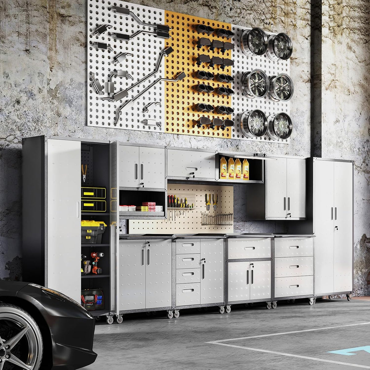 Garage Storage Cabinets System 8 PCS Workshop Set with Drawers Locking Heavy Duty Rolling Cart with Adjustable Shelves Garage Tool Workbench Cabinets (8 PCS)