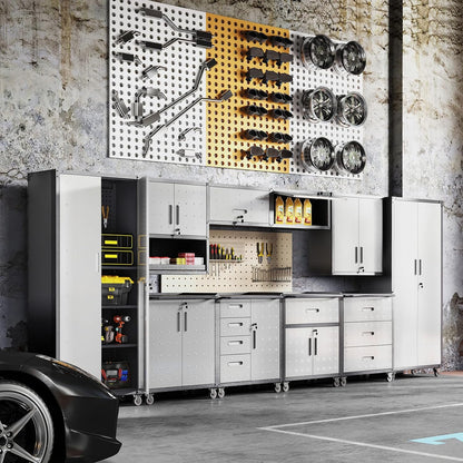 Garage Storage Cabinets System 8 PCS Workshop Set with Drawers Locking Heavy Duty Rolling Cart with Adjustable Shelves Garage Tool Workbench Cabinets (8 PCS)