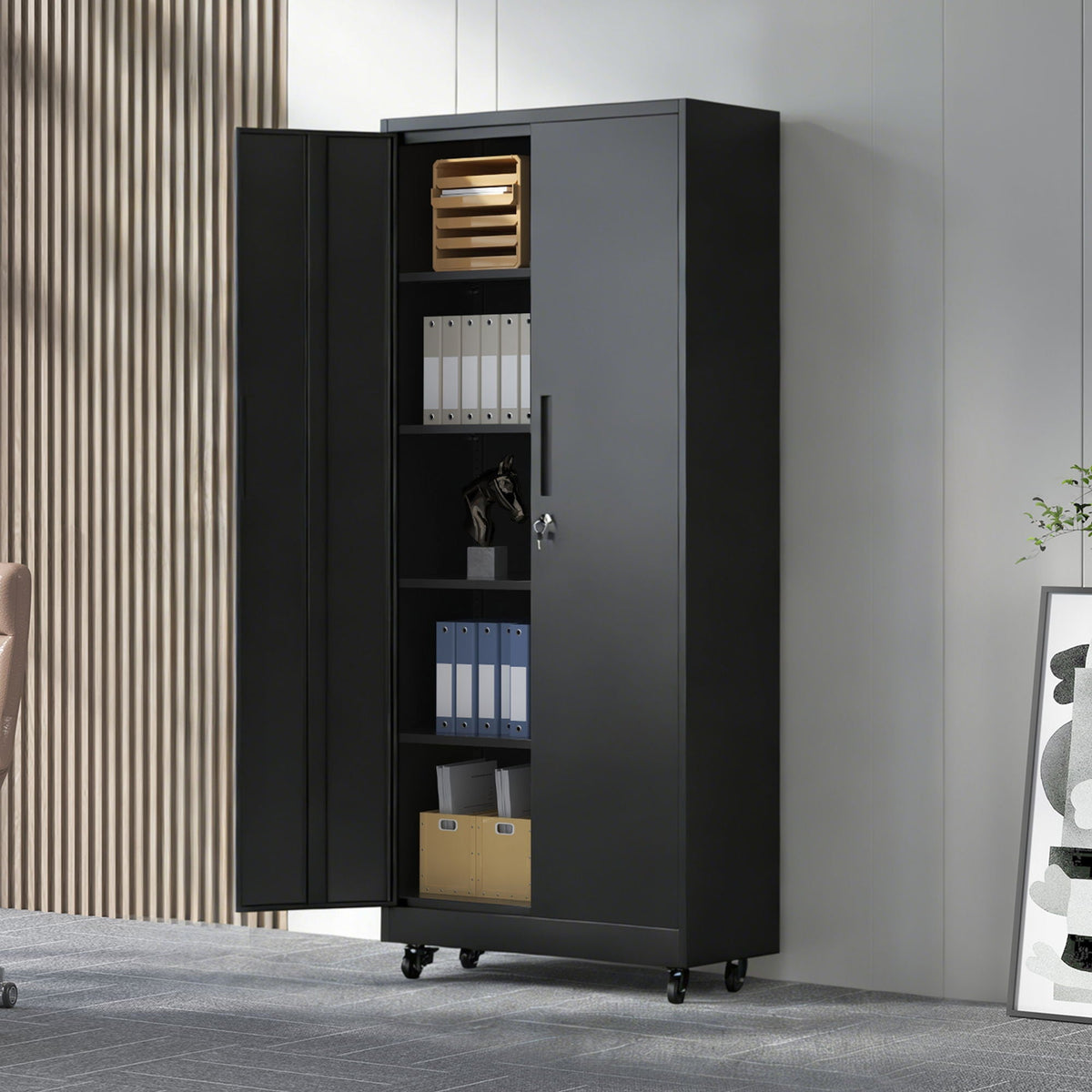 Rolling Garage Storage Cabinet with Lock — 70" H, 4 Adjustable Shelves, Black