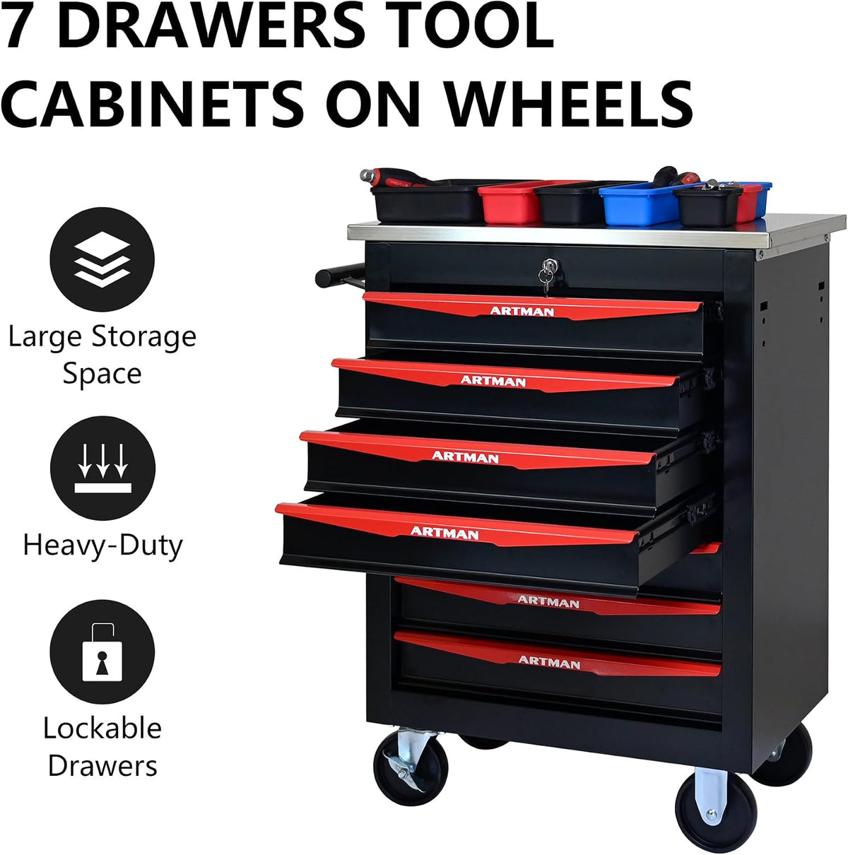 7 Drawers Tool Cart on Wheels,Multifunctional Rolling Tool Chest Tool Storage,Drawers Rolling Tool Trolley Organizer Tool Case for Garage, Warehouse, Workshop, Repair Shop (Black)