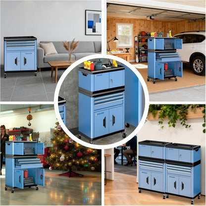 2-IN-1 Rolling Tool Chest with Locks& Multifunctional Countertop,3 Drawer Rolling Tool Box and Tool Cabinet with Wheels,Tool Chest with Connection Rods,Can Be Used Individually or in Combination