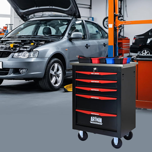 5-Drawer Rolling Tool Cart with Stainless Steel Worktop