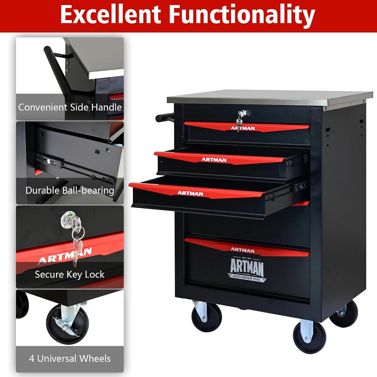 5 Drawers Tool Cart on Wheels,Multifunctional Rolling Tool Chest Tool Storage,Drawers Rolling Tool Trolley Organizer Tool Case for Garage, Warehouse, Workshop, Repair Shop (Black)
