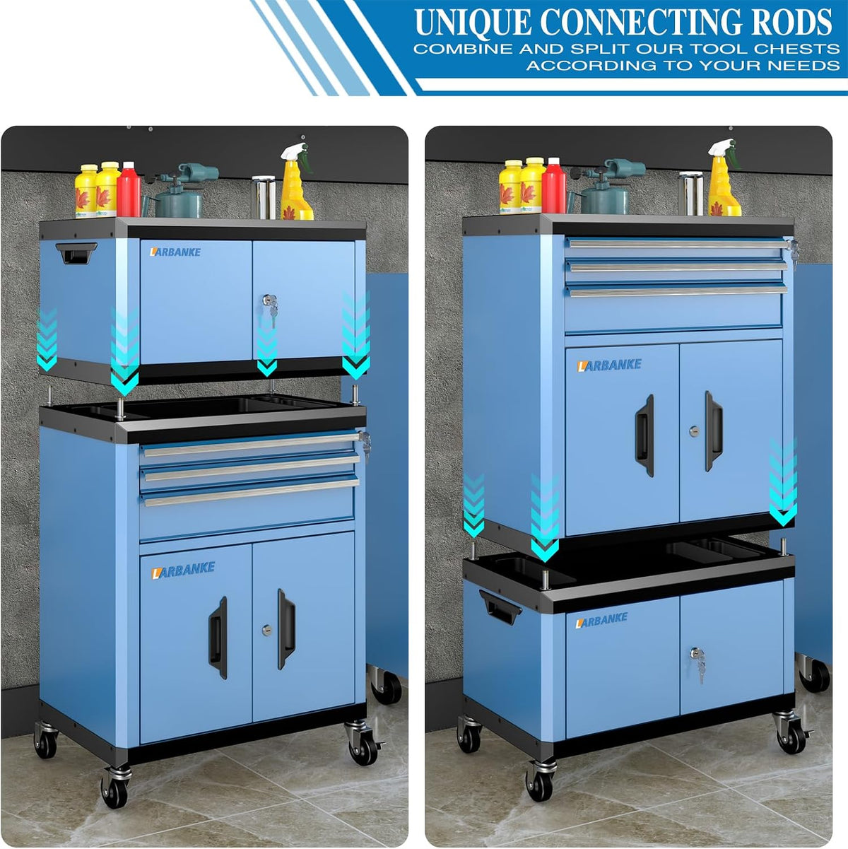 2-IN-1 Rolling Tool Chest with Locks& Multifunctional Countertop,3 Drawer Rolling Tool Box and Tool Cabinet with Wheels,Tool Chest with Connection Rods,Can Be Used Individually or in Combination