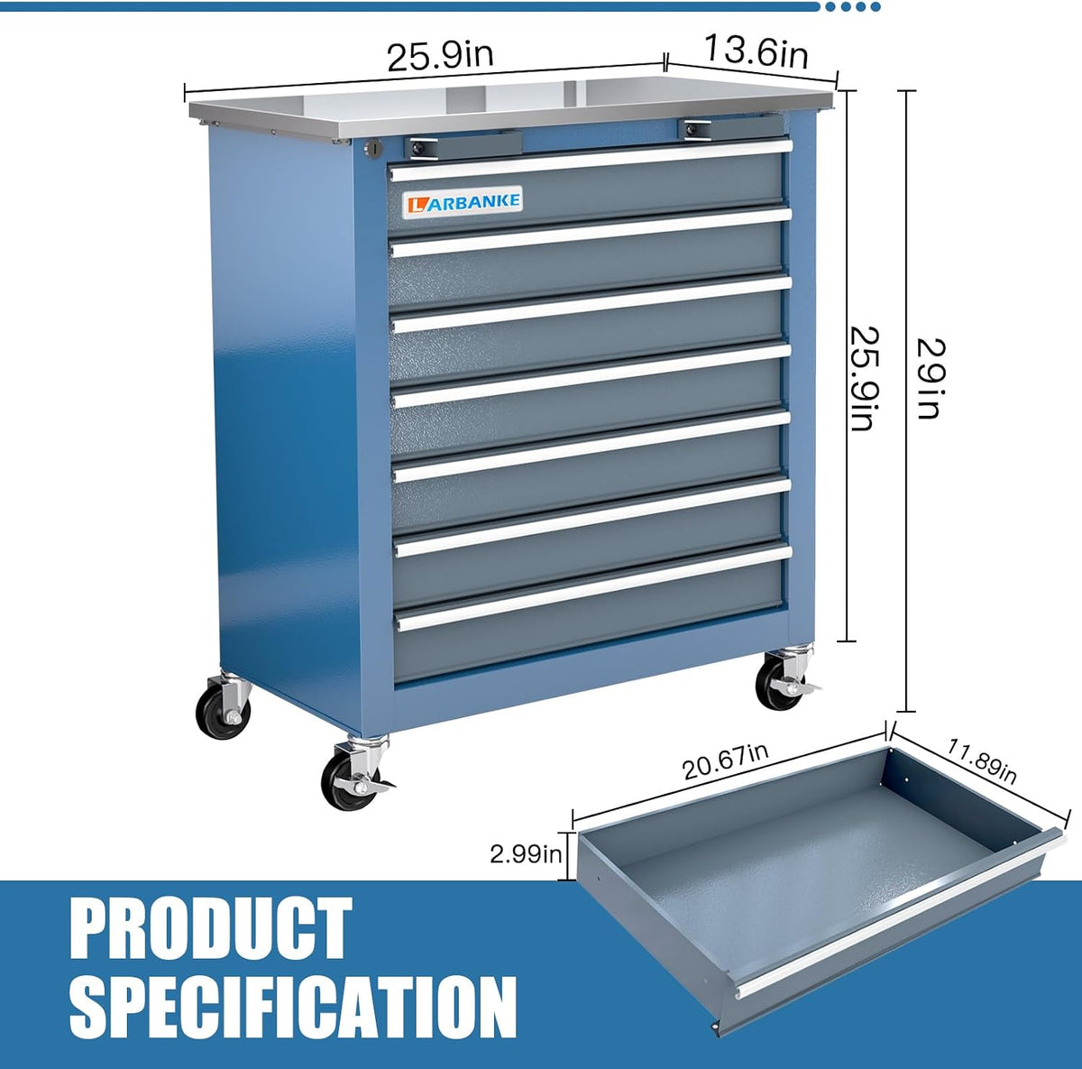 7-Drawer Rolling Tool Chest with Wheels&Foot Pads,Bluetool Cabinet