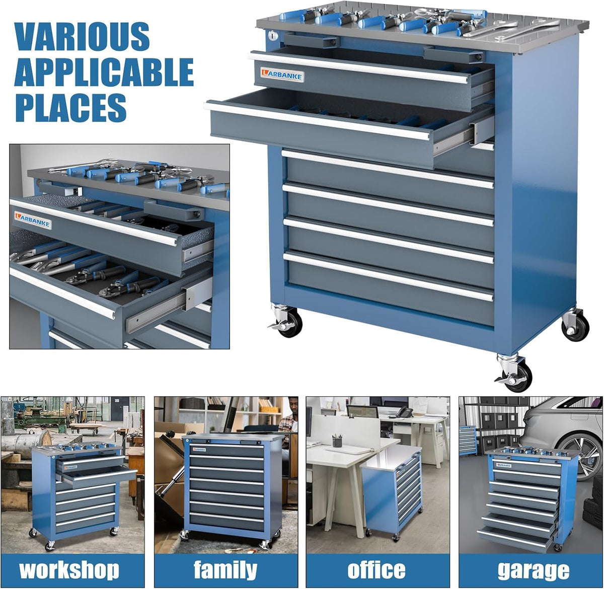 7-Drawer Rolling Tool Chest with Wheels&Foot Pads,Bluetool Cabinet