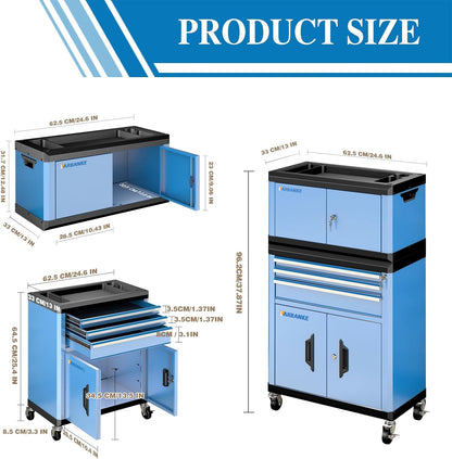2-IN-1 Rolling Tool Chest with Locks& Multifunctional Countertop,3 Drawer Rolling Tool Box and Tool Cabinet with Wheels,Tool Chest with Connection Rods,Can Be Used Individually or in Combination