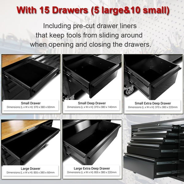 72-Inch 15-Drawer Rolling Tool Chest with Upper Cabinets and Pegboard, Black