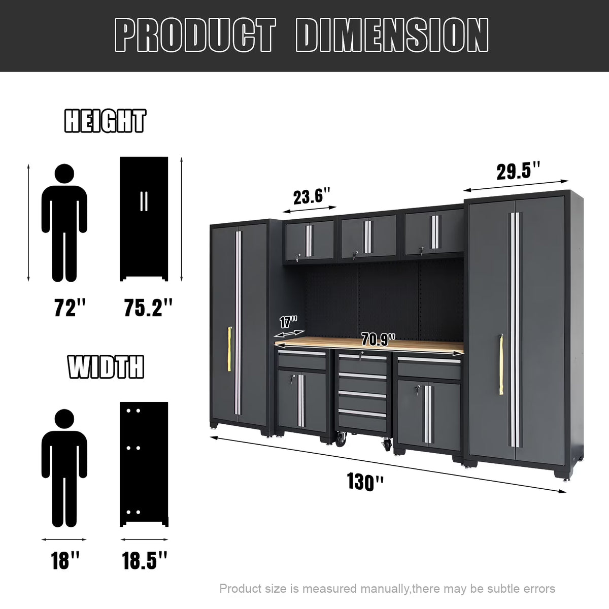 9-Piece Garage Shop Tool Storage Cabinet Set with Pegboard and Wooden Work Top 24 Gauge Steel Tool Chests & Garage Mounted Storage Systems - Black+Gray