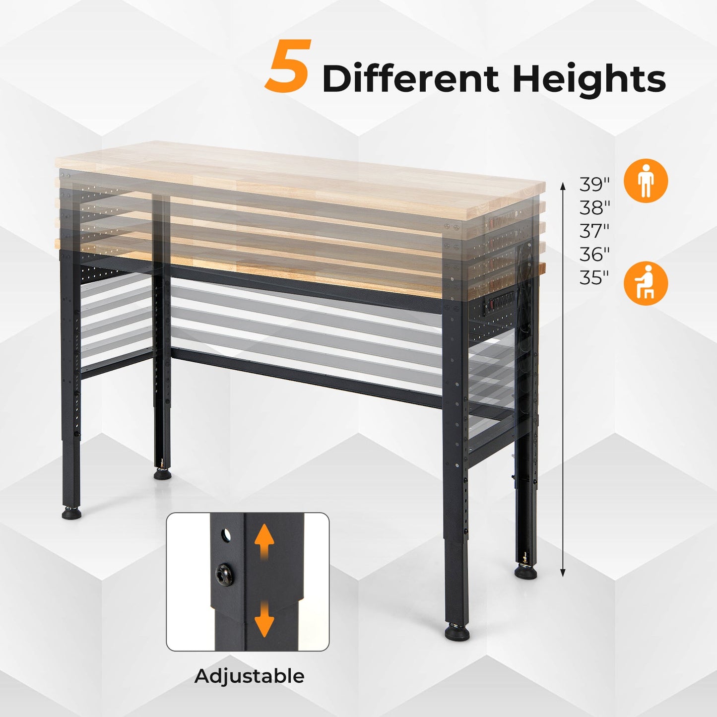 53 Inch Adjustable Heavy-Duty Workbench with Rubber Wood Top